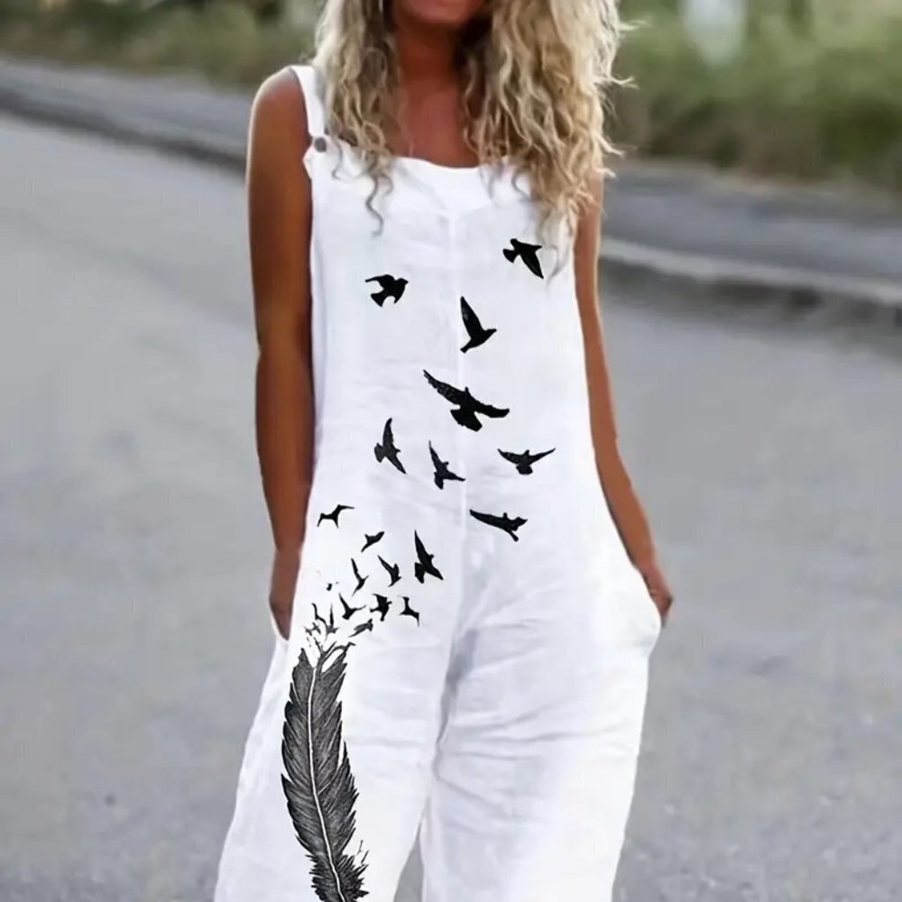 Black White Feather Print Wide Leg Jumpsuit Overalls XXL NWT